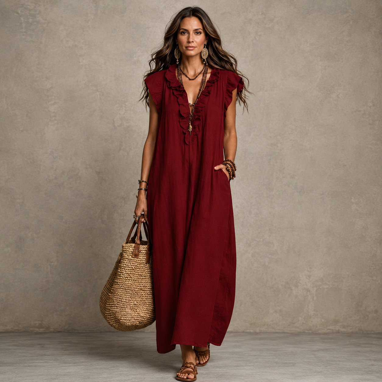 Gabriella | JOSETTE RUFFLE V-NECK LINEN MAXI DRESS