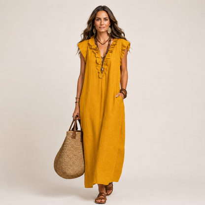 Gabriella | JOSETTE RUFFLE V-NECK LINEN MAXI DRESS
