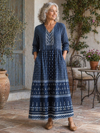 Camryn | Indigo Heritage Pattern Maxi Dress