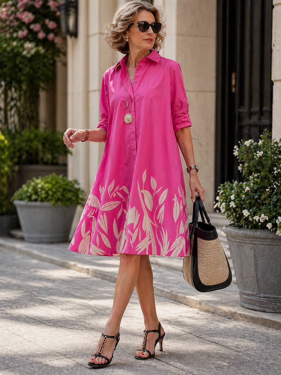 Chanel | Elegant Leaf Print Shirt Dress