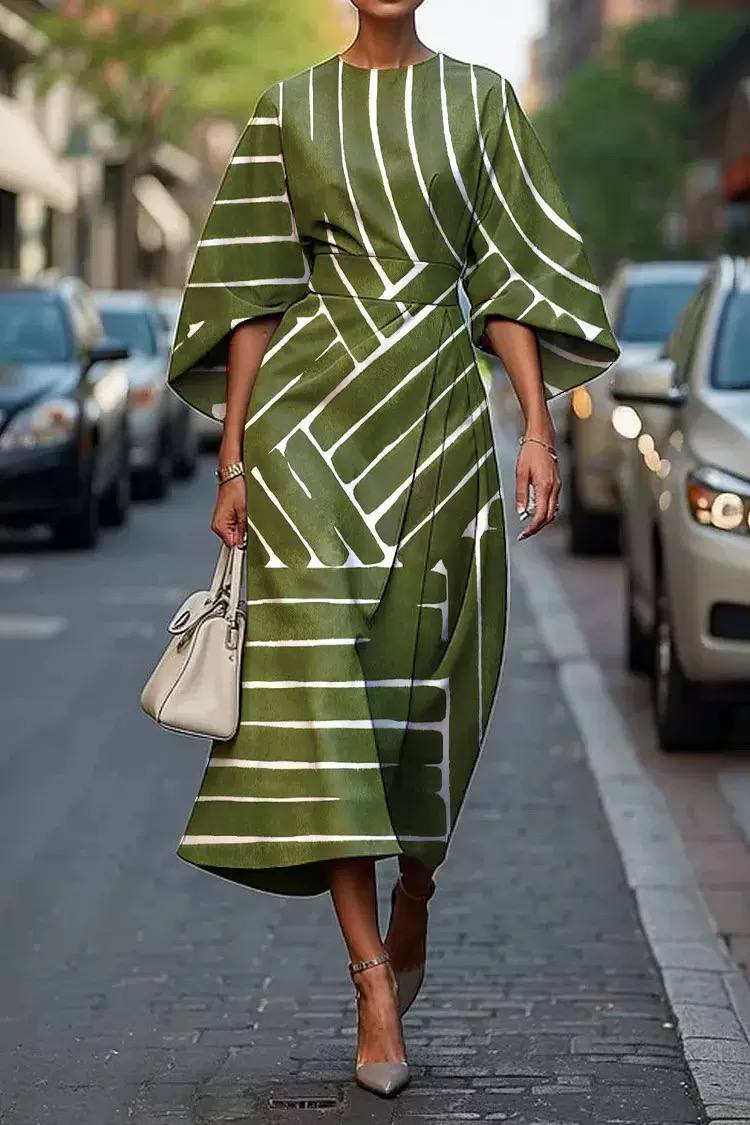 Elianna | Abstract Line Olive Midi Dress