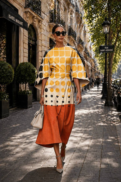 Ensley | Retro Dot Colorblock Midi Dress