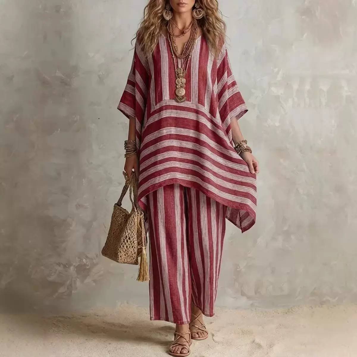 Women's Striped Oversized Tunic Top & Trousers Set