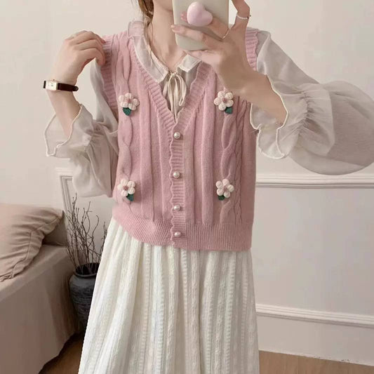 Women's Floral Cable Knit Sweater Vest