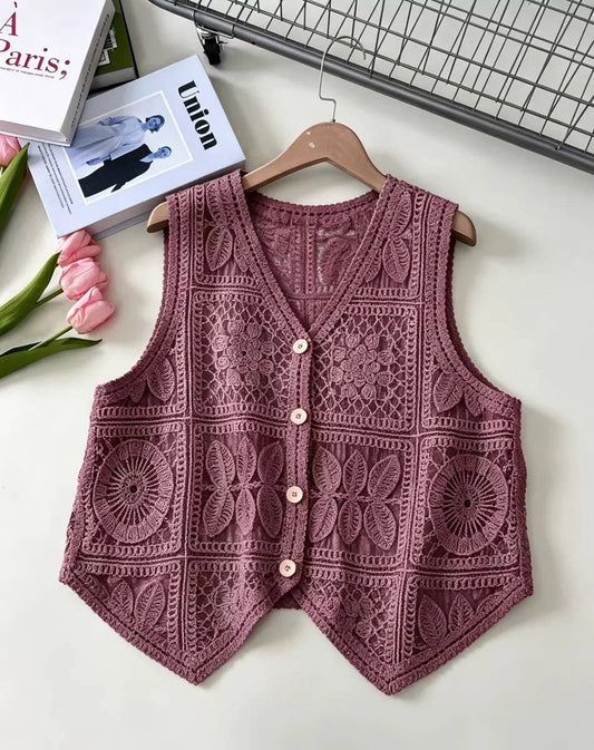 Women's Floral Crochet Button Vest