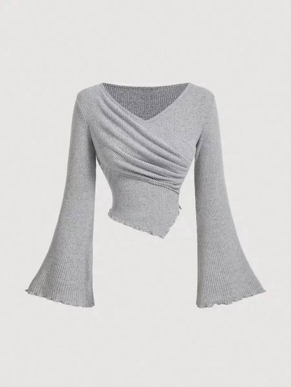 Women's Ruched Ribbed Knit Wrap Bell Sleeve Blouse