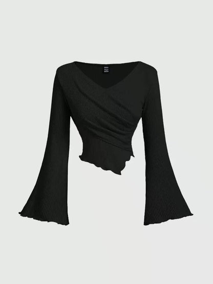 Women's Ruched Ribbed Knit Wrap Bell Sleeve Blouse