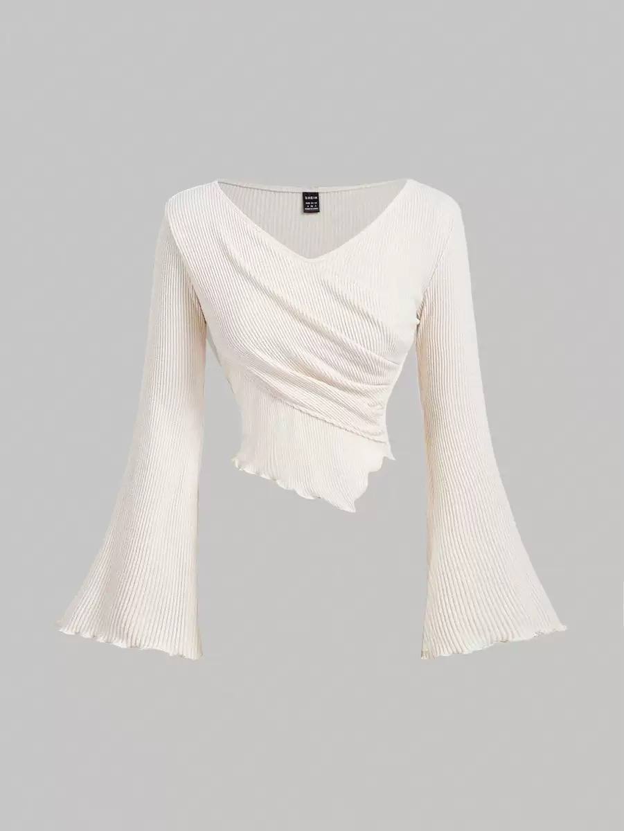 Women's Ruched Ribbed Knit Wrap Bell Sleeve Blouse