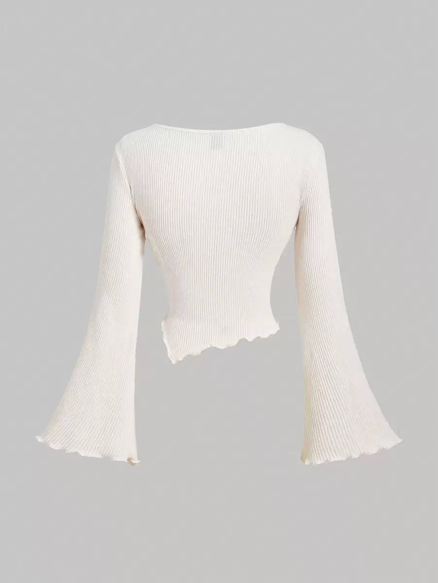 Women's Ruched Ribbed Knit Wrap Bell Sleeve Blouse
