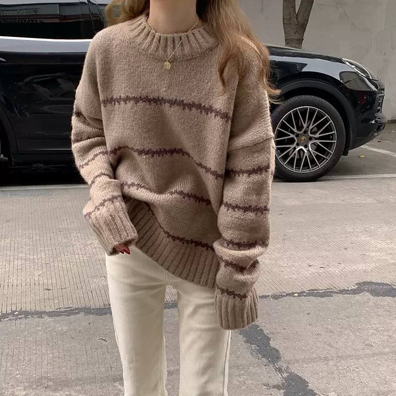 Women's Striped Chunky Knit Crew Neck Sweater