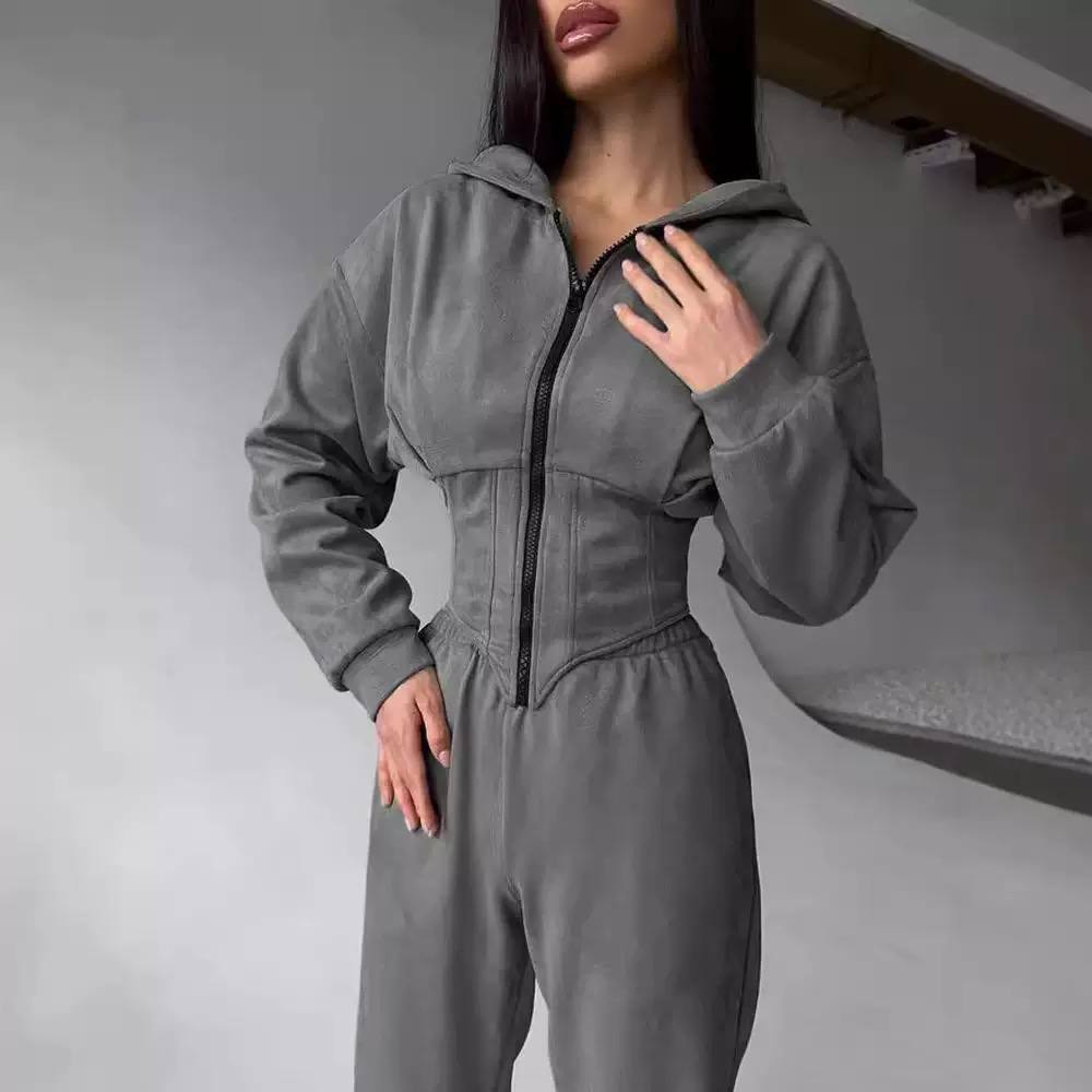 Women's Hooded Zip Up Sweatshirt Elastic Waist Set