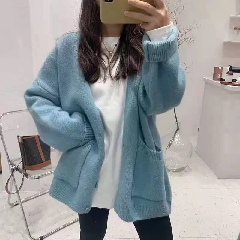 Women's Oversized V Neck Knit Long Cardigan With Pockets
