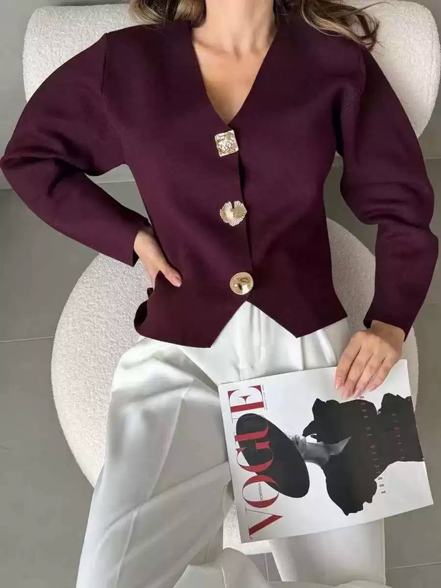 Women's Elegant Gold Button V Neck Knit Cardigan