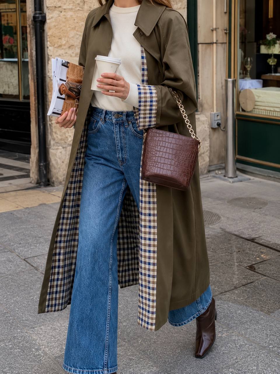 Women's Plaid Lined Long Trench Coat