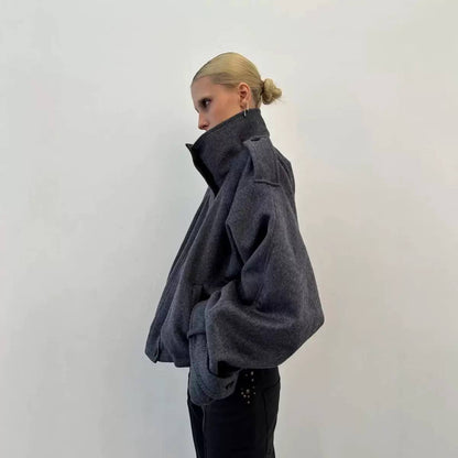 Women's Oversized High Neck Button Up Bomber Jacket