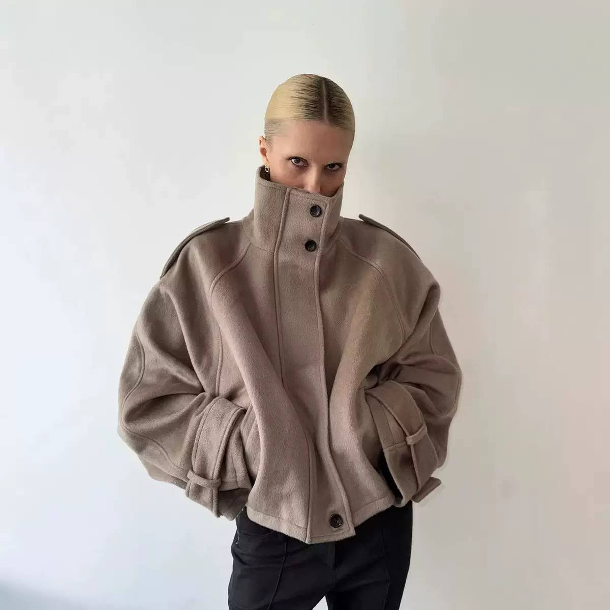 Women's Oversized High Neck Button Up Bomber Jacket