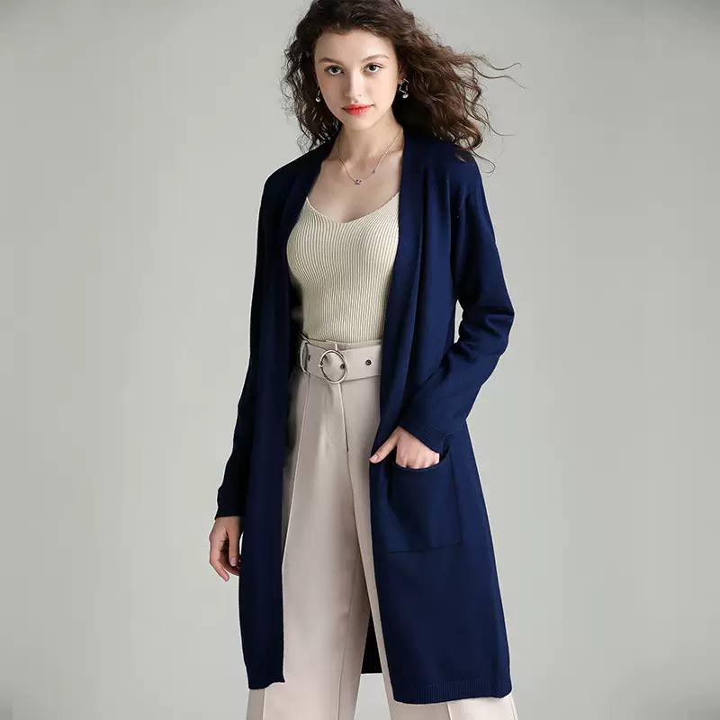 Women's Long Open Front Knit Cardigan With Pockets