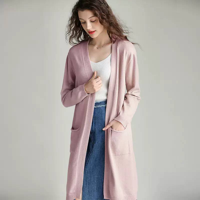 Women's Long Open Front Knit Cardigan With Pockets