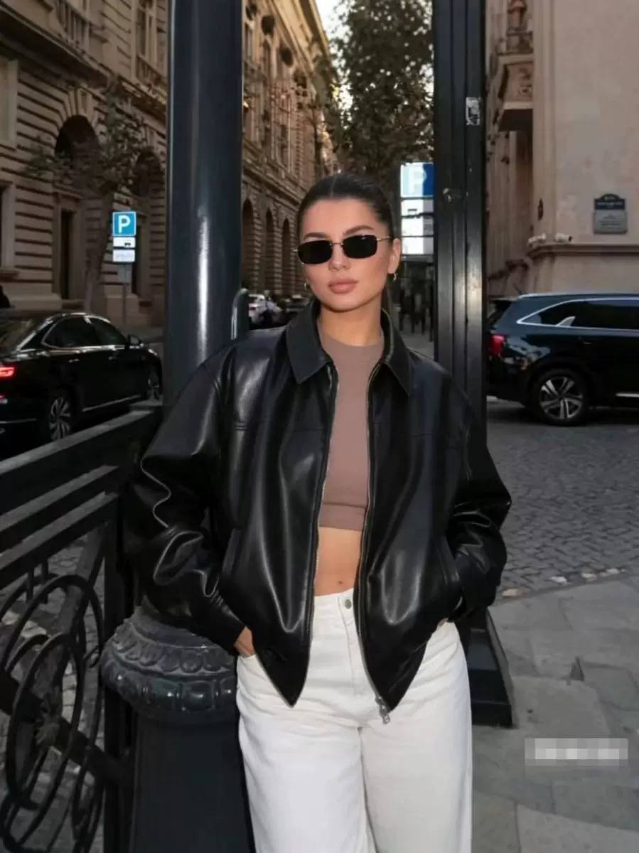 Women's Oversized Faux Leather Bomber Jacket