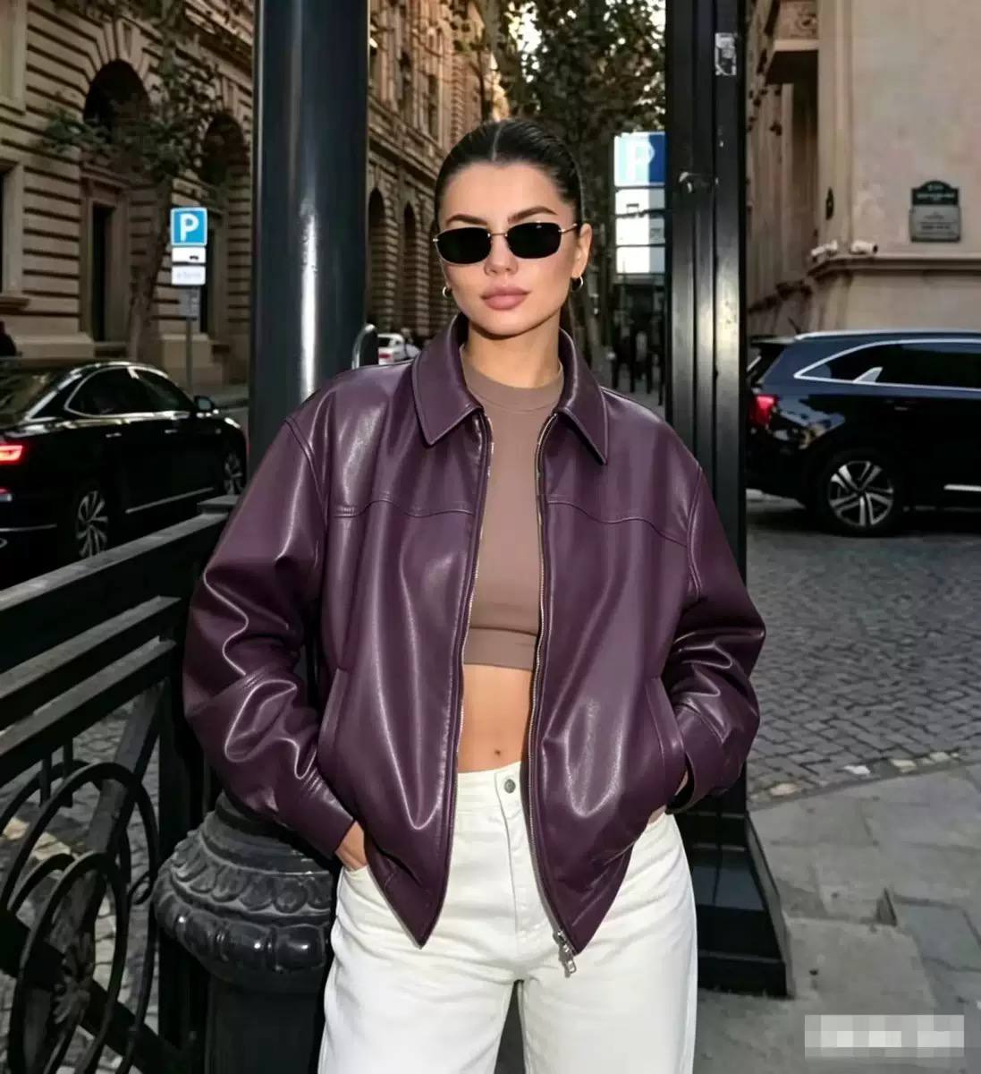 Women's Oversized Faux Leather Bomber Jacket