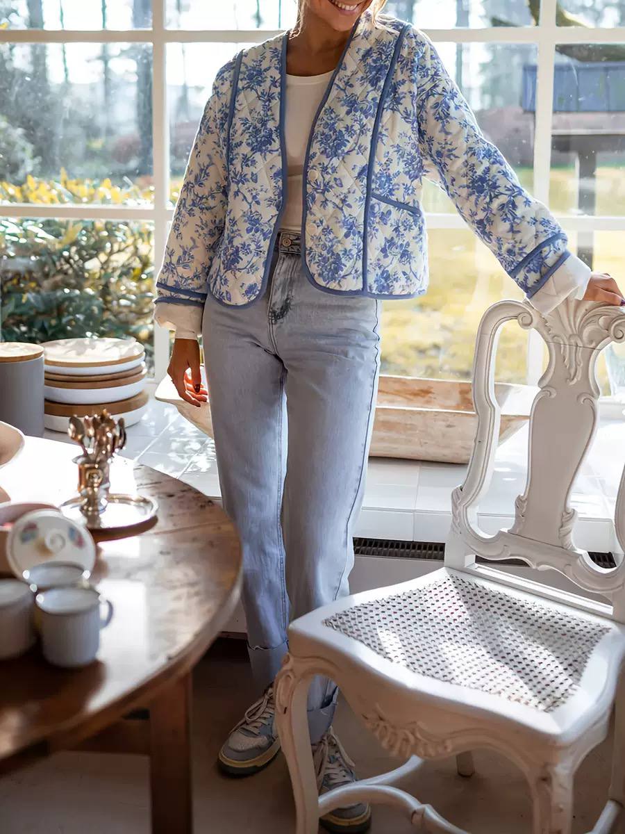 Women's Blue Floral Quilted Jacket