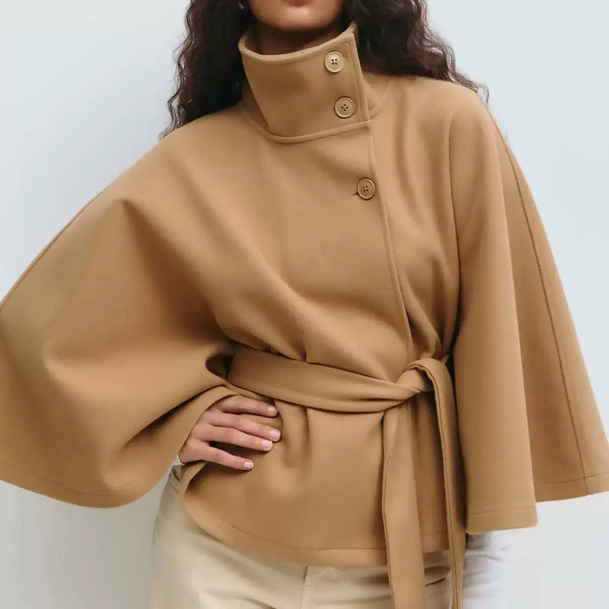 Women's Belted High Neck Wrap Cape Coat