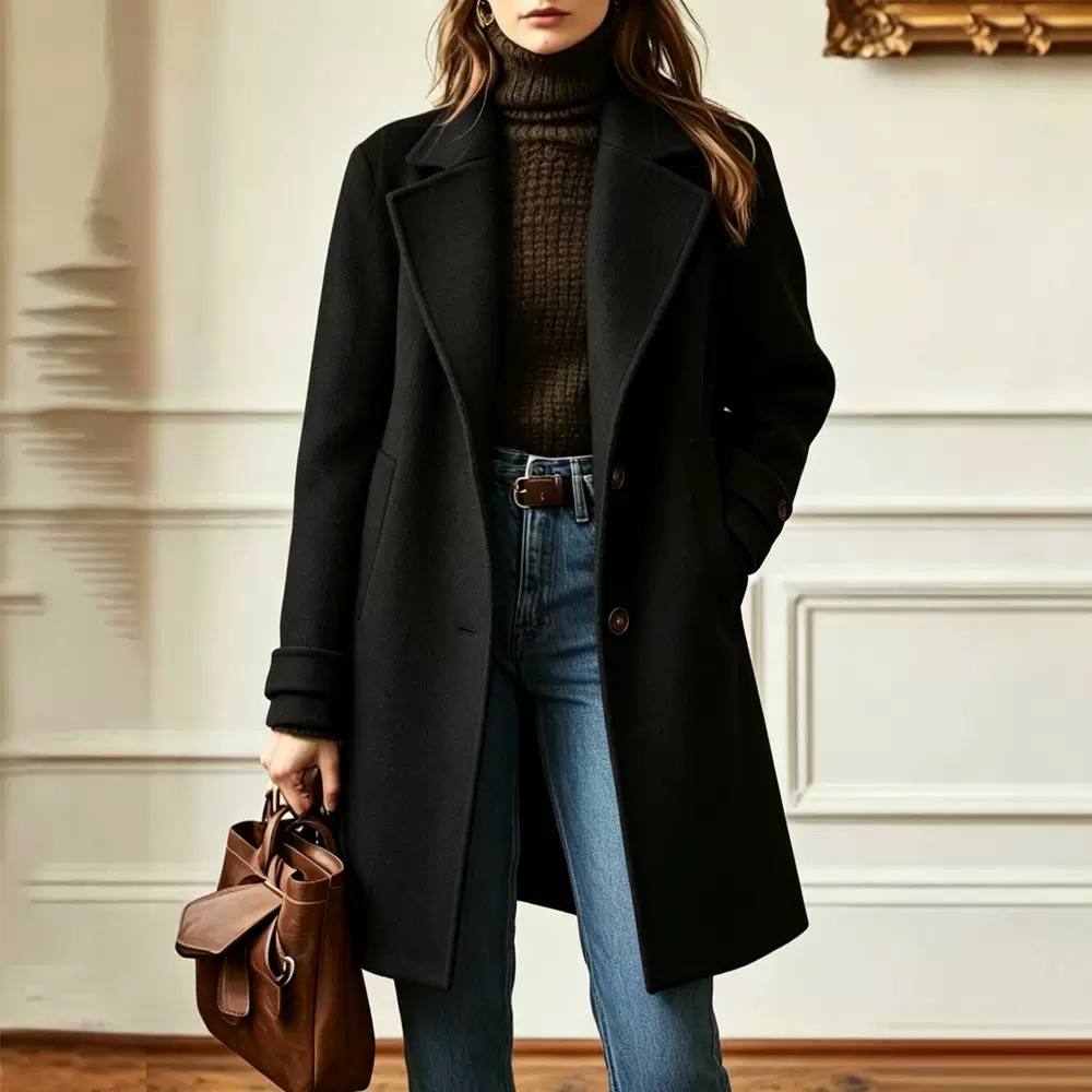 Women's Single Breasted Wool Blend Long Coat