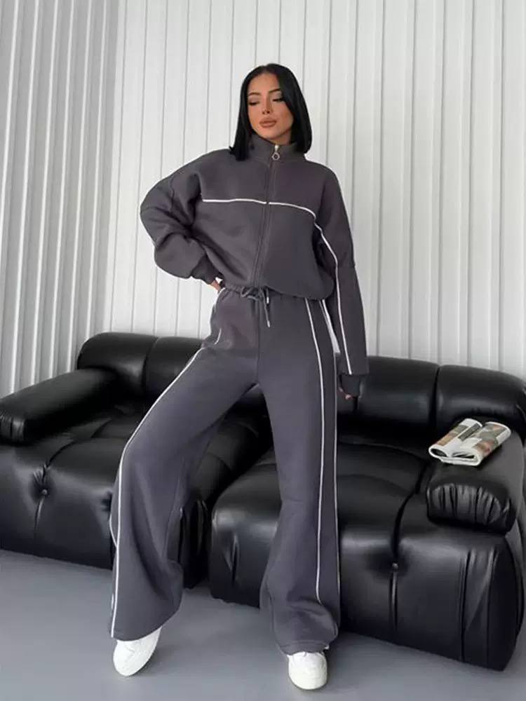 Women's Zip Up Mock Neck Jacket Wide Leg Drawstring Pants Tracksuit Set