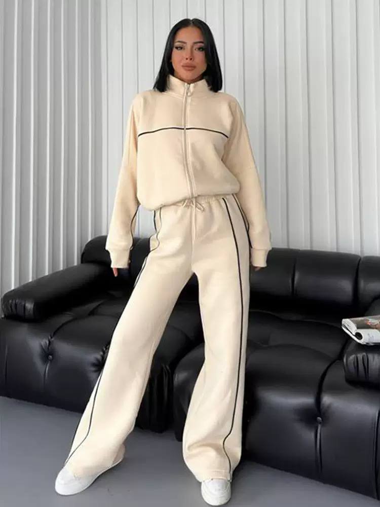 Women's Zip Up Mock Neck Jacket Wide Leg Drawstring Pants Tracksuit Set