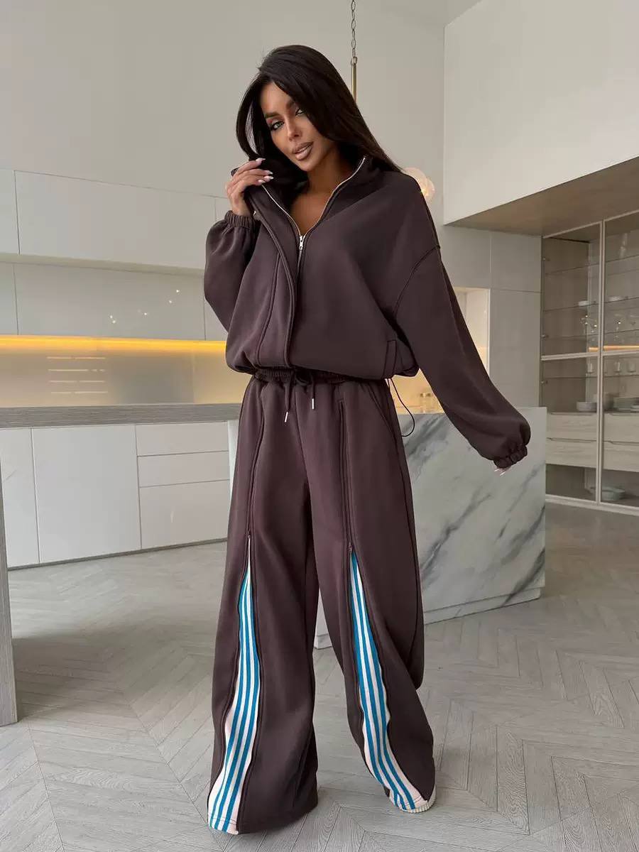 Women's Zip Up Oversized Jacket High Waist Pants Tracksuit Set