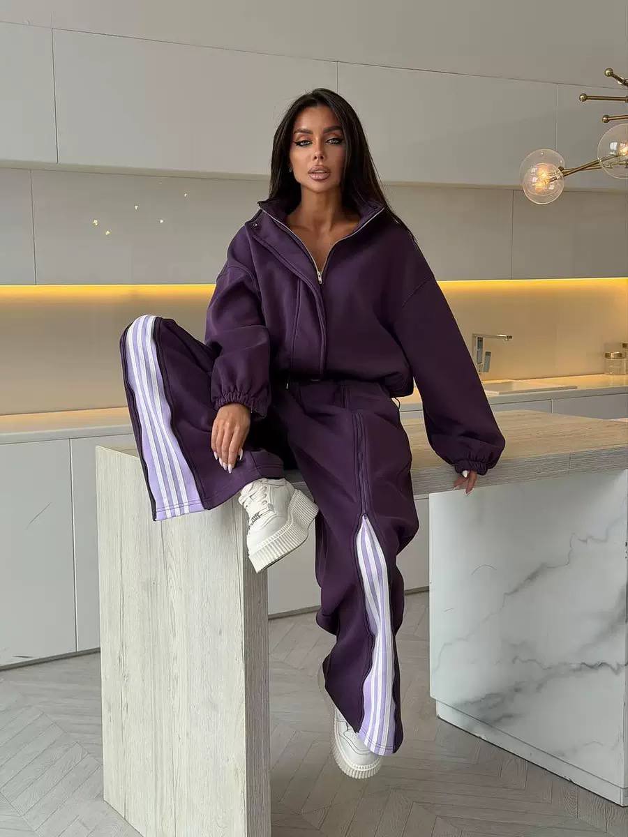 Women's Zip Up Oversized Jacket High Waist Pants Tracksuit Set