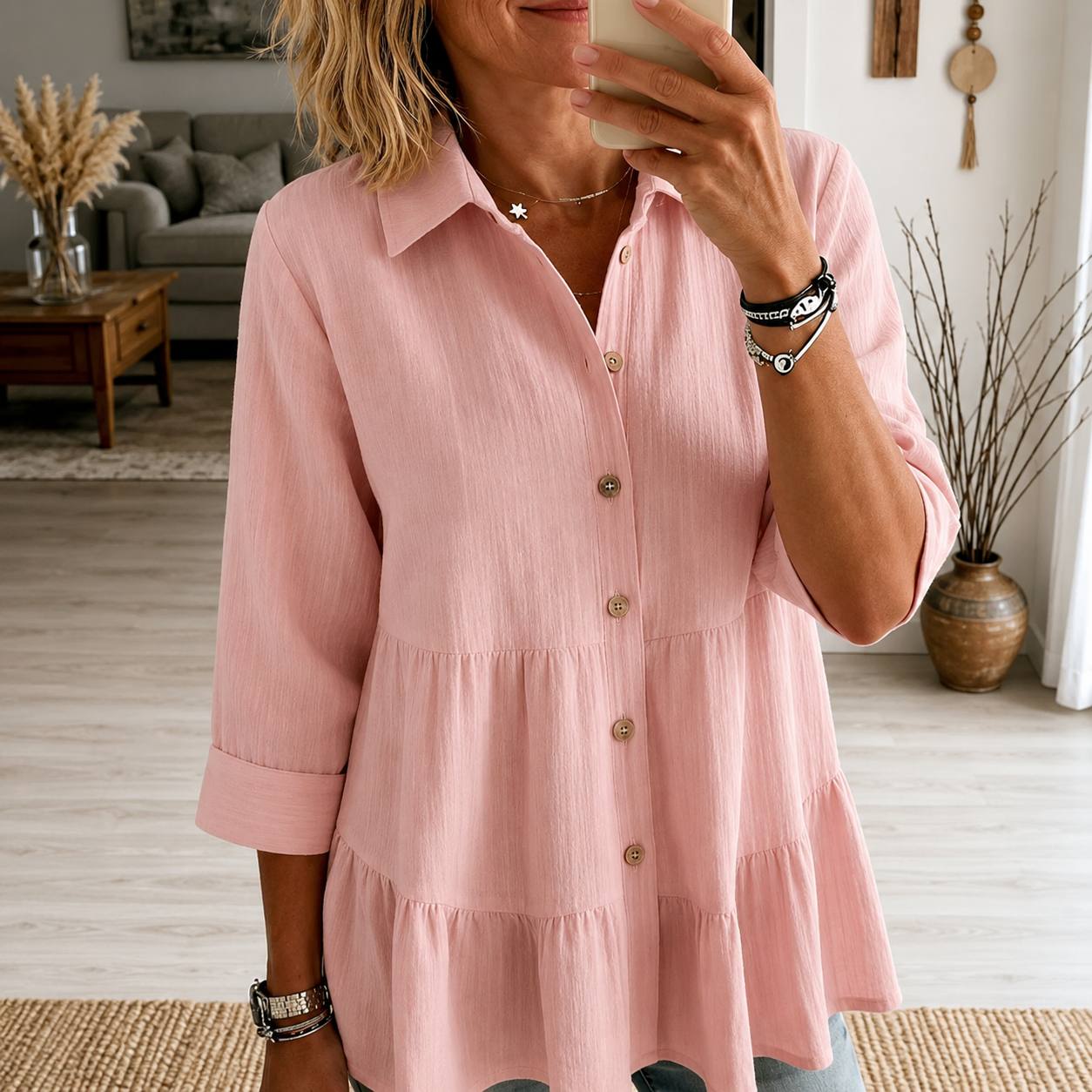 Women's Button Front Tiered Blouse