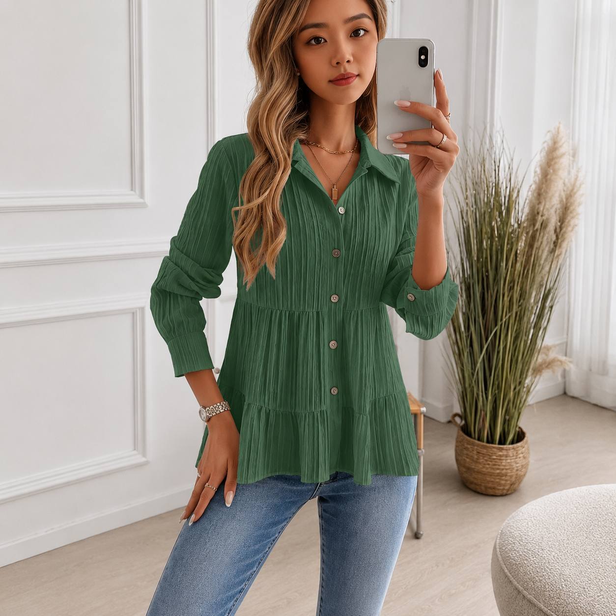 Women's Button Front Tiered Blouse