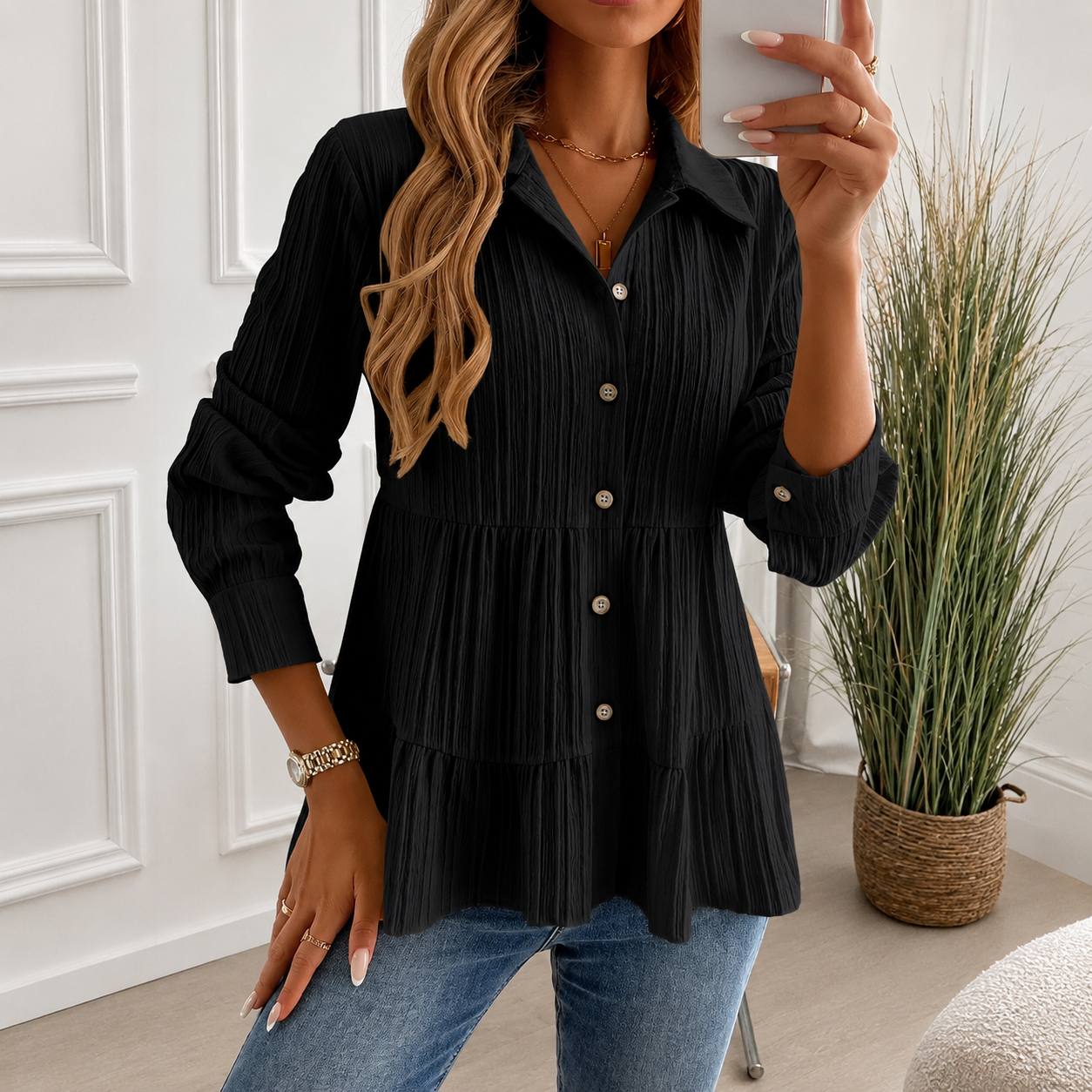 Women's Button Front Tiered Blouse