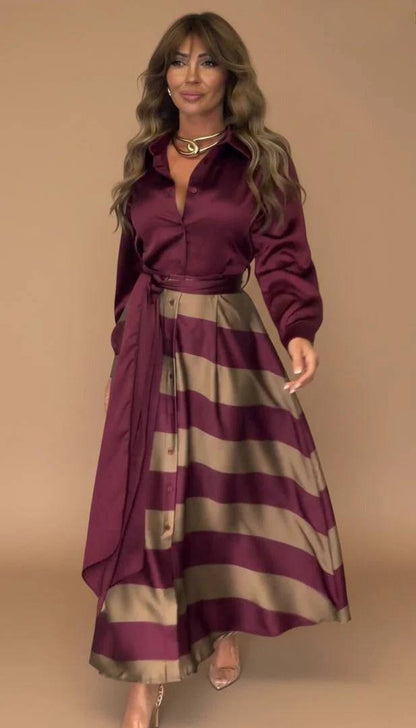 Women's Belted Stripe Shirt Maxi Dress