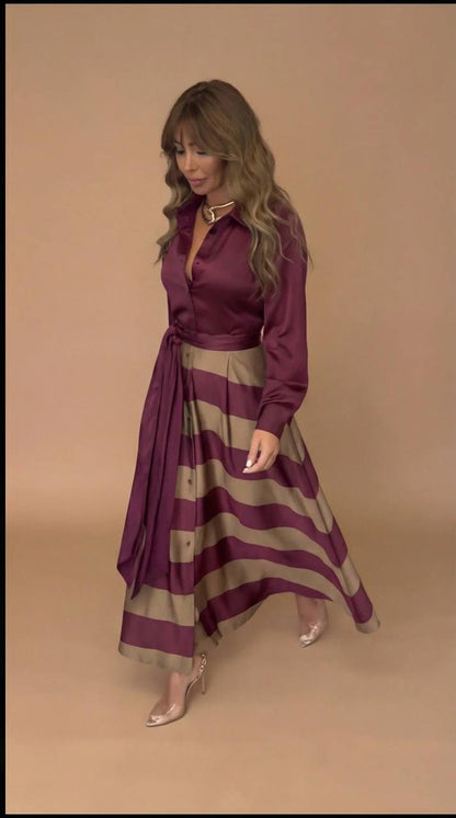 Women's Belted Stripe Shirt Maxi Dress