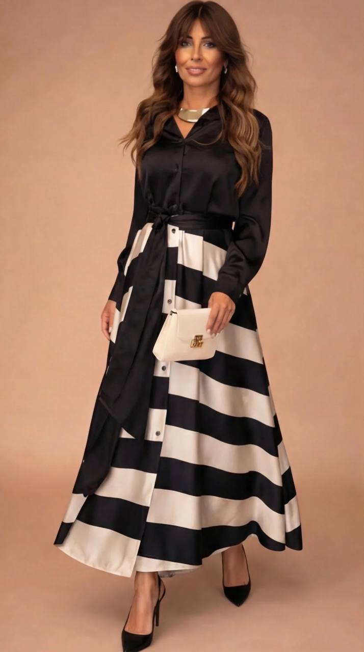 Women's Belted Stripe Shirt Maxi Dress