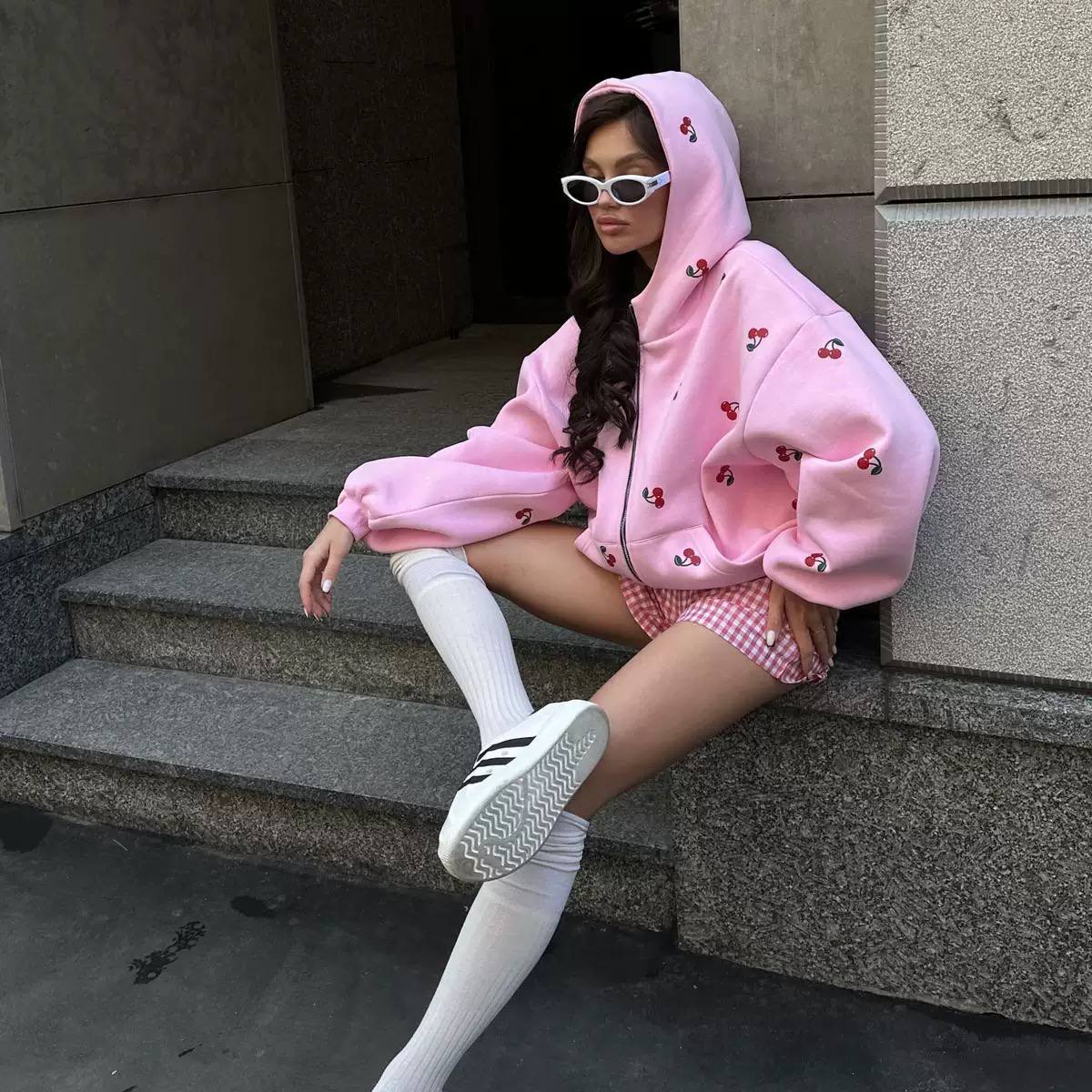 Women's Cherry Oversized Zip Up Cotton Hoodie
