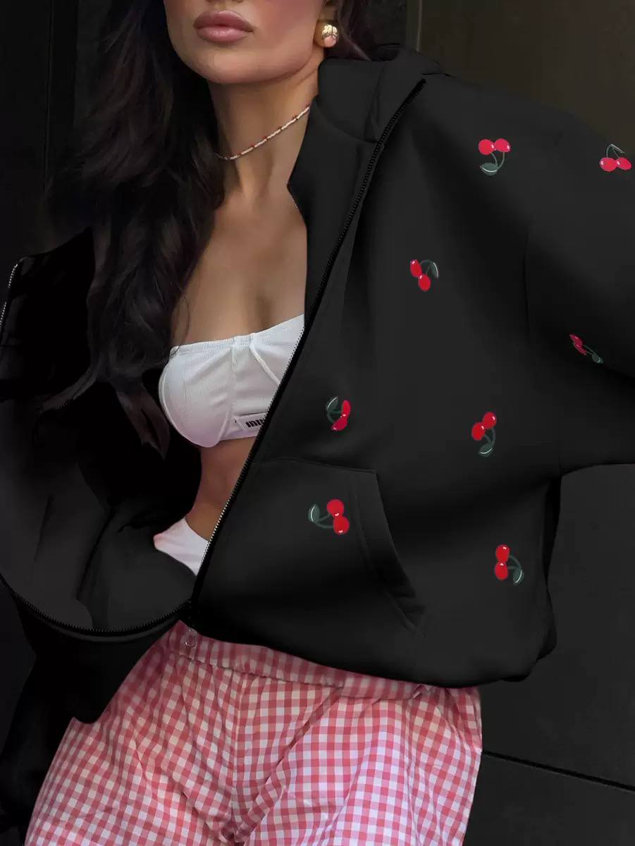 Women's Cherry Oversized Zip Up Cotton Hoodie