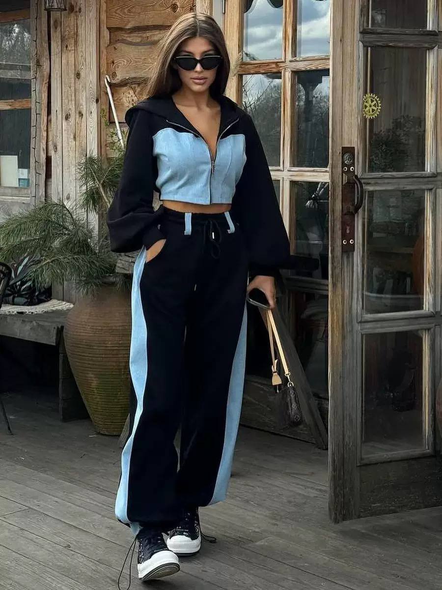 Women's Zip Up Hoodie Wide Leg Tracksuit Set