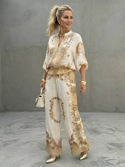 Women's Floral Print Zip Front Two Piece Set