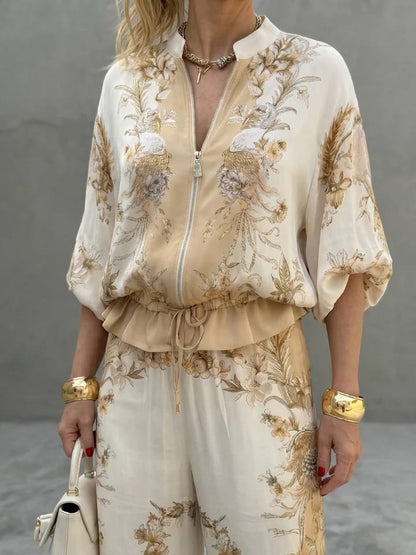 Women's Floral Print Zip Front Two Piece Set