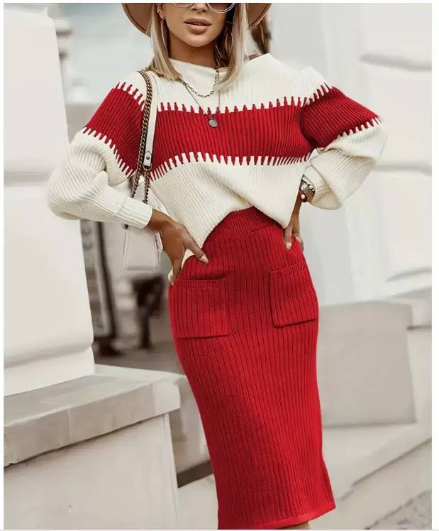 Women's Color Block Rib Knit Sweater and Midi Skirt Set