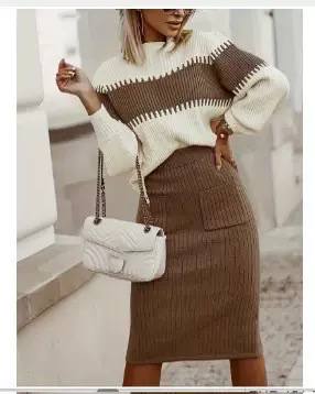 Women's Color Block Rib Knit Sweater and Midi Skirt Set