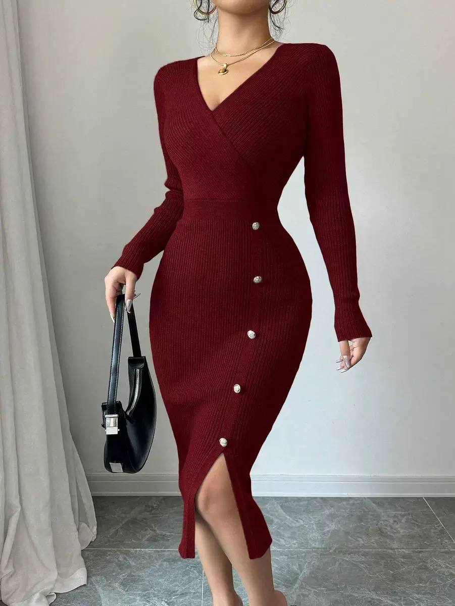 Women's Rib Knit Wrap Long Sleeve Midi Sweater Dress
