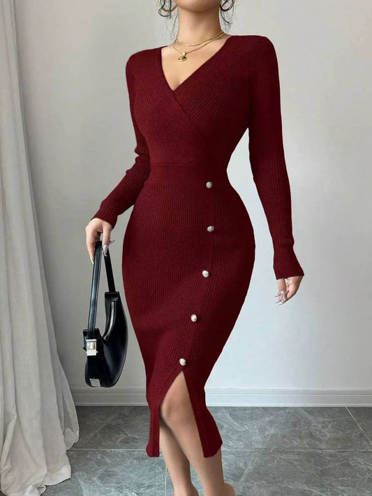 Women's Rib Knit Wrap Long Sleeve Midi Sweater Dress