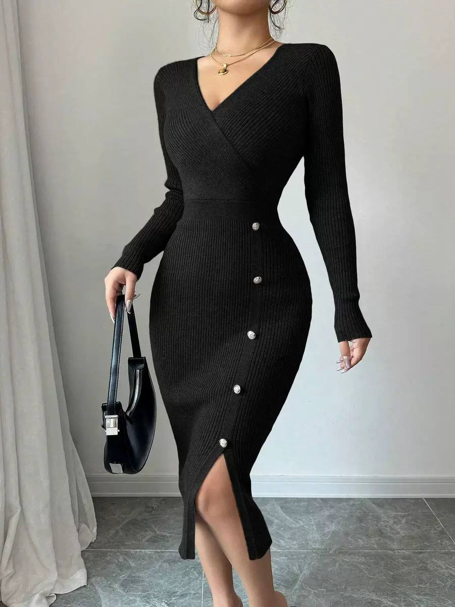 Women's Rib Knit Wrap Long Sleeve Midi Sweater Dress