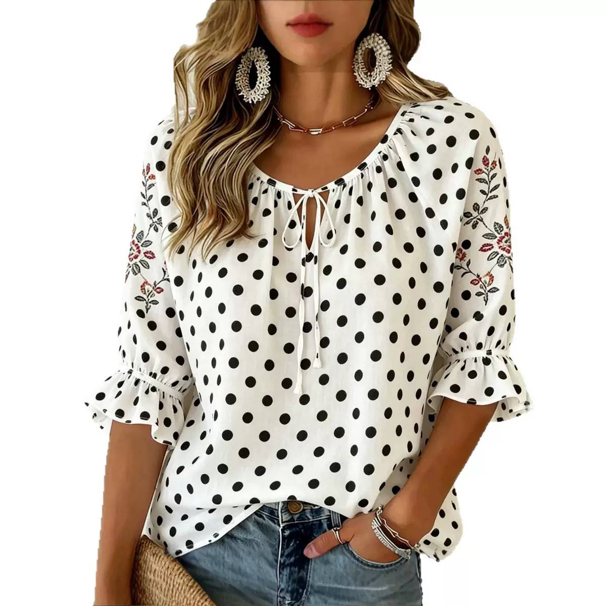 Women's Polka Dot Tie Neck Ruffle Sleeve Blouse