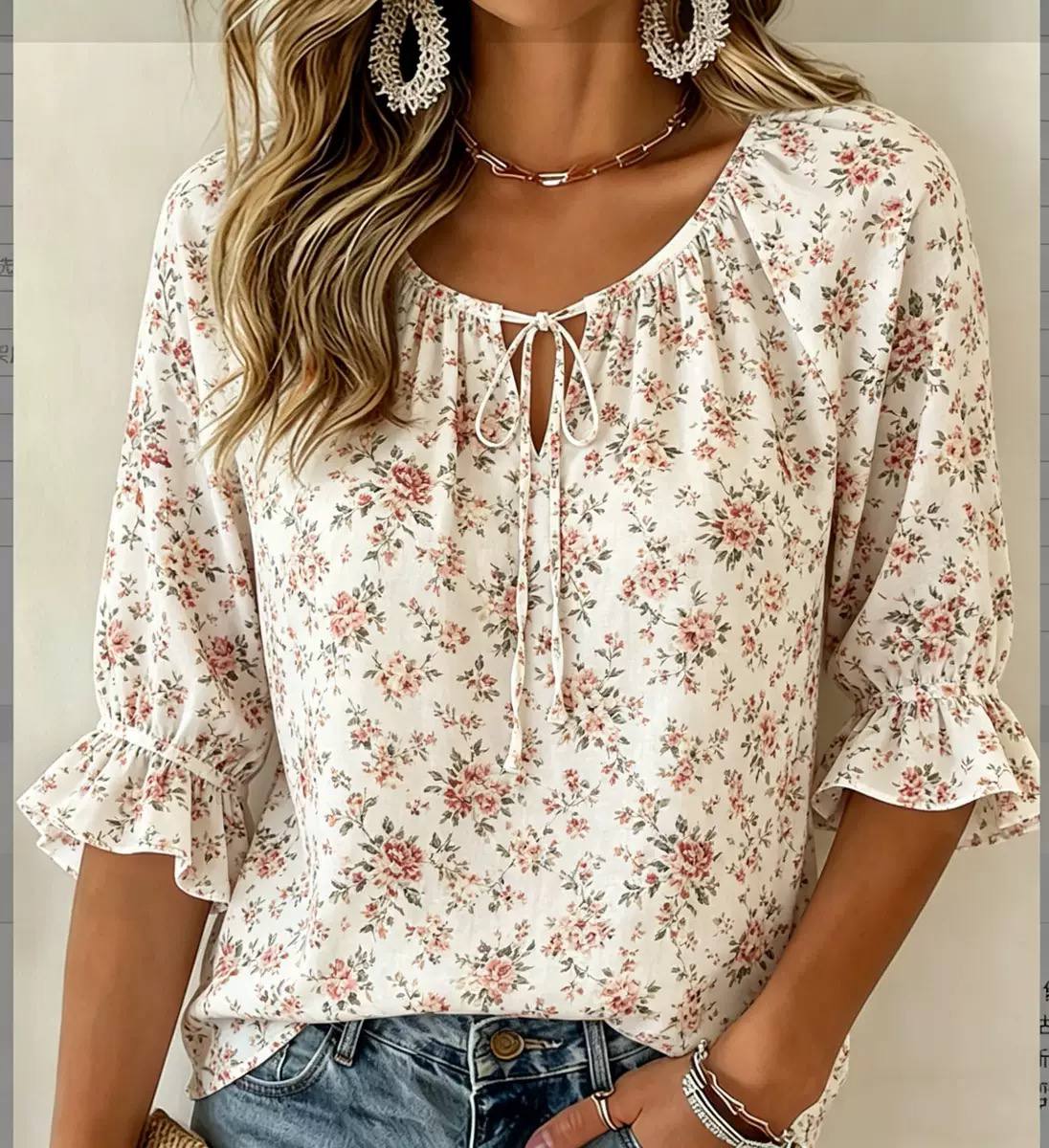 Women's Floral Tie Neck Ruffle Sleeve Blouse