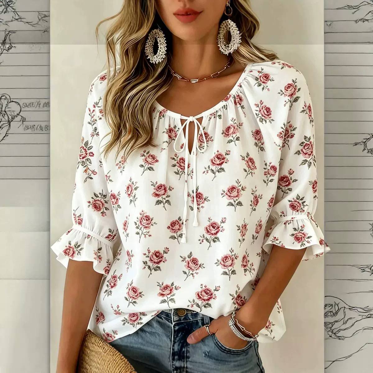Women's Floral Tie Neck Ruffle Sleeve Blouse
